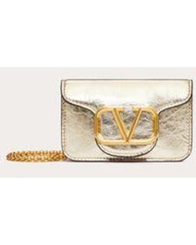 Valentino Garavani Micro Bag With Locò Chain In Metallic Calfskin - Natural
