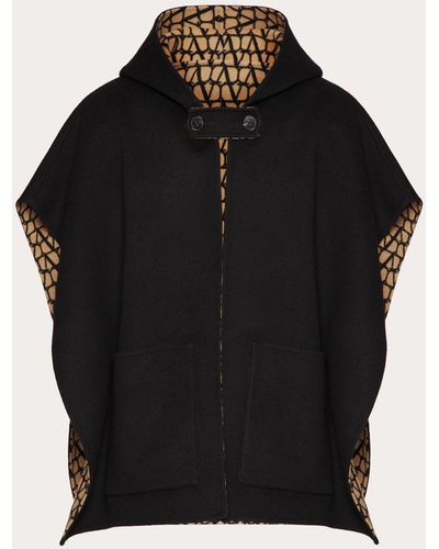 Valentino Reversible Double-faced Wool Cape With Hood And Toile Iconographe Pattern - Black