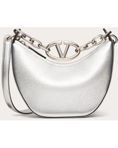 Valentino Garavani Vlogo Moon Mini Hobo Bag In Metallic Grainy Calfskin With Chain - White