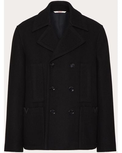 Valentino Technical Wool Cloth Peacoat With Rubberised V Detail - Black