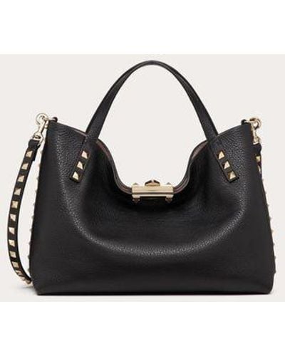 Valentino Garavani Medium Rockstud Grainy Calfskin Bag With Contrasting Lining - Black
