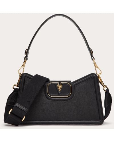 Valentino Garavani Vlogo Leather Shoulder Bag In Grainy Calfskin - Black