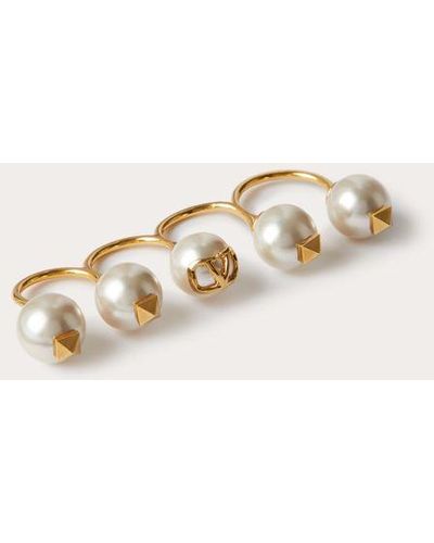 Valentino Garavani Vlogo Signature Set Of Metal Rings With Swarovski® Pearls - Natural