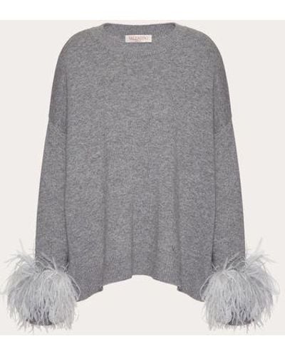 Valentino Wool Jumper With Feathers - Grey