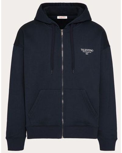 Valentino Cotton Sweatshirt With Hood, Zip And Print - Blue