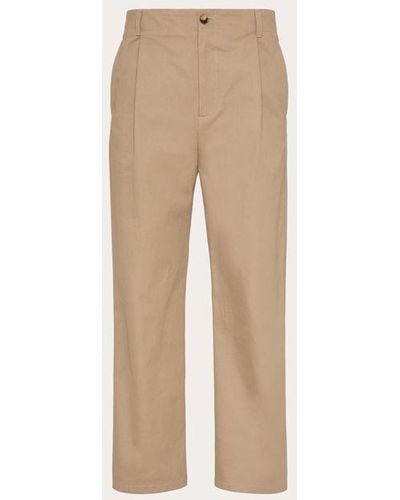 Valentino Cotton Gabardine Trousers With Maison Label - Natural