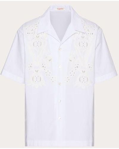 Valentino Bowling Shirt In Cotton Poplin With Pomegranate Embroidery - White