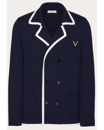 Valentino Double-breasted Wool Jacket With Metallic V Detail - Blue