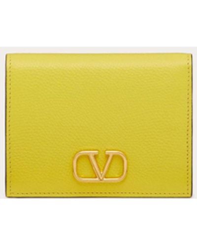 Valentino Garavani Compact Vlogo Signature Grainy Calfskin Wallet - Yellow