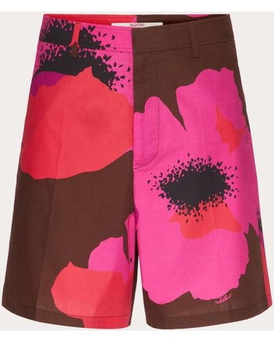 Valentino Cotton Poplin Bermuda Shorts With Flower Portrait Print - Pink