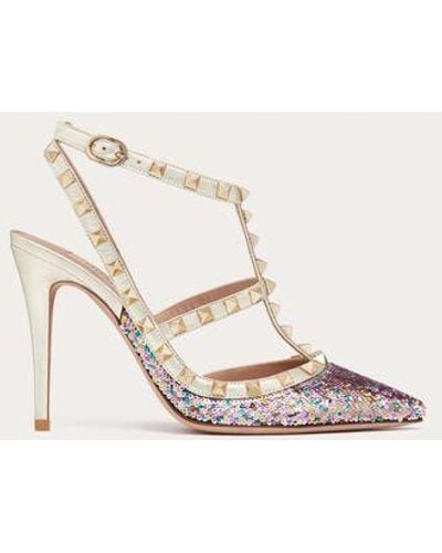 Valentino Garavani Rockstud Pump With Sequin Embroidery And Straps 100mm - Natural