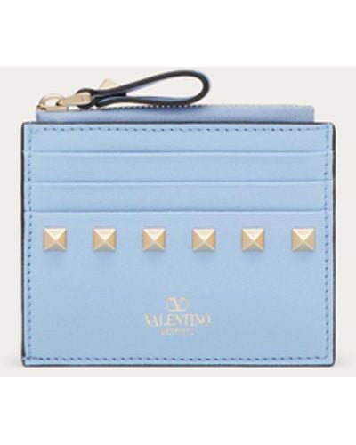 Valentino Garavani Rockstud Calfskin Cardholder With Zip - Blue