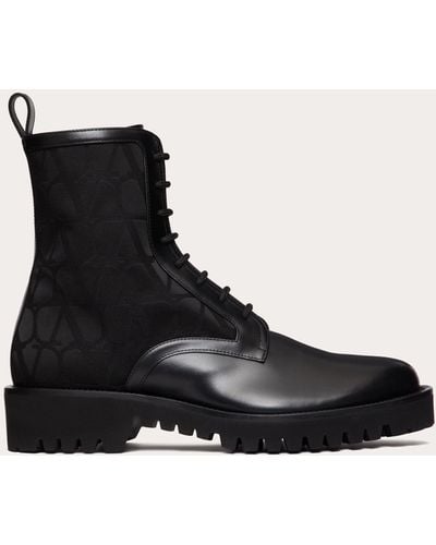 Valentino Garavani Toile Iconographe Combat Boot In Toile Iconographe Technical Fabric And Calfskin - Black