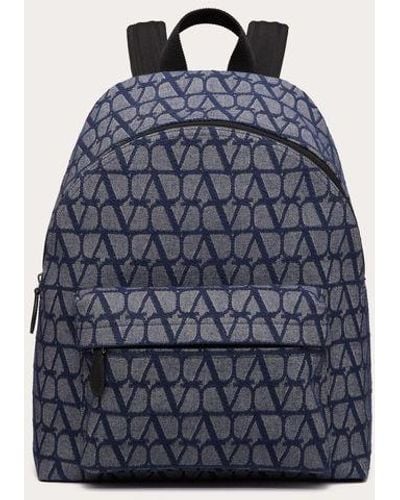 Valentino Garavani Toile Iconographe Backpack In Denim-effect Jacquard Fabric - Blue