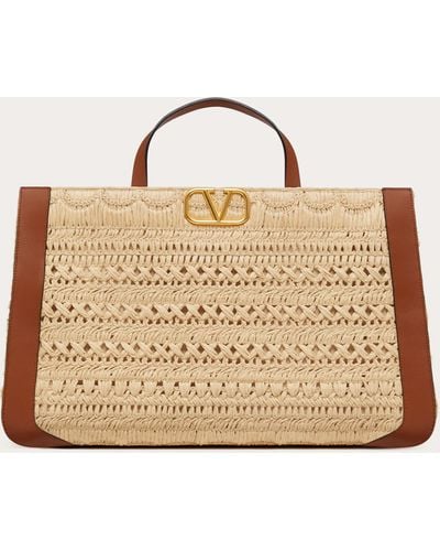 Valentino Garavani Vlogo Signature Embroidered Raffia Handbag - Natural