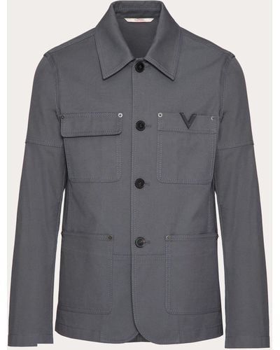 Valentino Stretch Cotton Canvas Jacket With Metallic V Detail - Gray