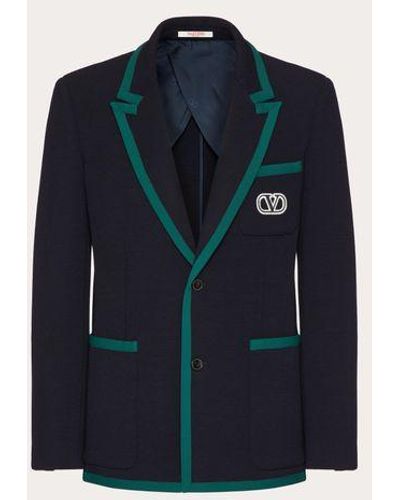 Valentino Single-breasted Jacket In Lana Stretch With Vlogo Signature Patch - Blue
