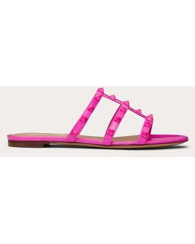 Valentino Garavani Rockstud Patent Leather Flat Slide Sandal - Pink