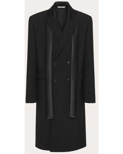 Valentino Double-breasted Wool Coat With Nylon Scarf Collar - Black