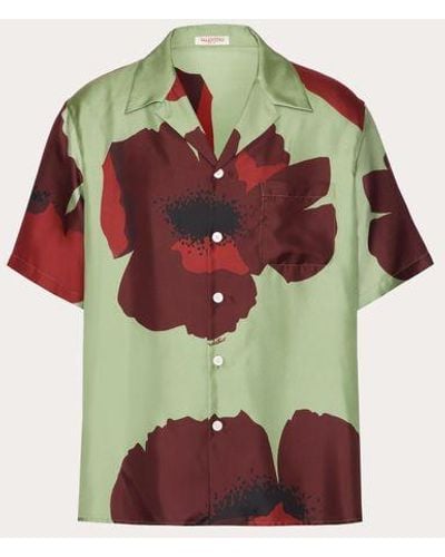 Valentino Silk Twill Bowling Shirt With Flower Portrait Print - Red