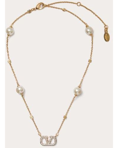 Valentino Garavani Vlogo Signature Metal Necklace With Swarovski® Crystals And Pearls - Natural
