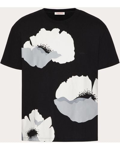 Valentino Cotton T-shirt With Flower Portrait Print - Black