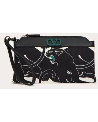 Valentino Garavani Escape Canvas Clutch Bag With Panther Print And Jewel Logo - White
