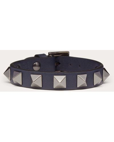 Valentino Garavani Rockstud Leather Bracelet With Ruthenium Studs - Blue