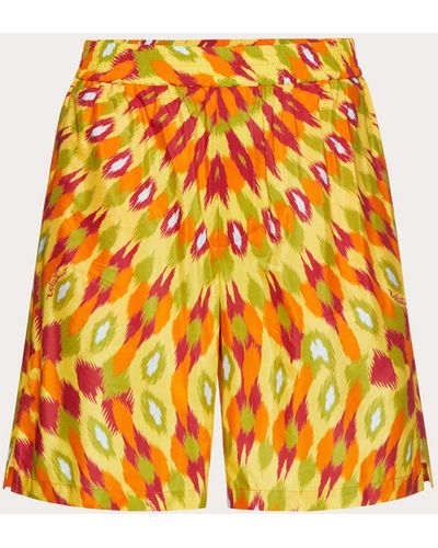 Valentino Silk And Cotton Bermuda Shorts With Round Rain Print - Orange