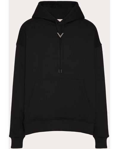 Valentino Cotton Hoodie With Metallic V Detail - Black
