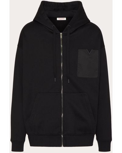 Valentino Technical Cotton Sweatshirt With Hood, Zip And Rubberised V Detail - Black