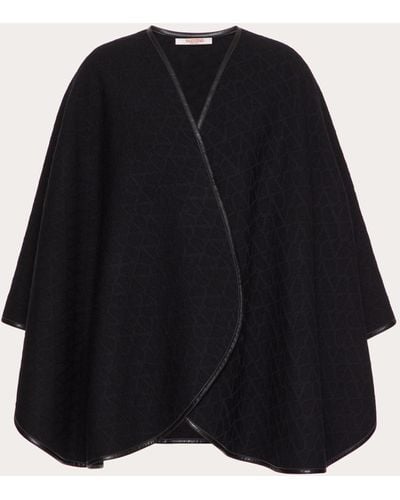 Valentino Garavani Toile Iconographe Wool Poncho With Leather Trim - Black