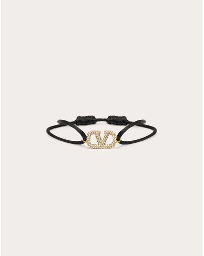 Valentino Garavani Vlogo Signature Bracelet In Cotton And Rhinestones - Black
