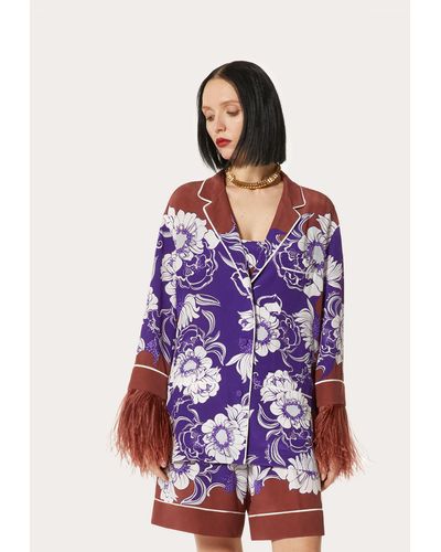 Valentino Crepe De Chine Pyjama Shirt With Street Flowers Daisyland Print - Purple