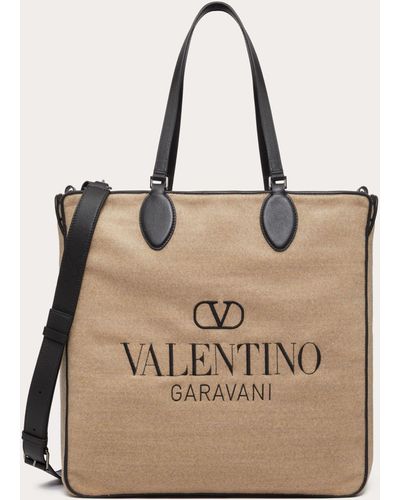 Valentino Garavani Toile Iconographe Shopping Bag In Wool With Leather Details - Natural