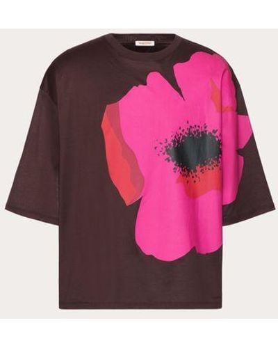 Valentino Mercerised Cotton T-shirt With Flower Portrait Print - Pink