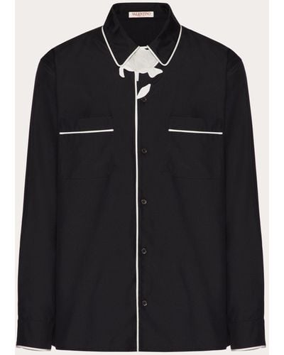 Valentino Silk Poplin Pajama Shirt With Flower Embroidery - Black