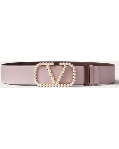 Valentino Garavani Vlogo Signature Reversible Belt In Shiny Calfskin With Pearls 40 Mm - Natural