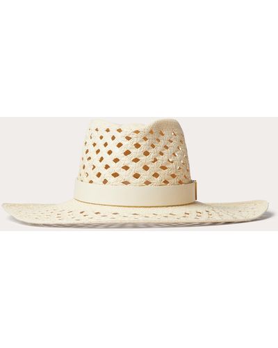 Valentino Garavani V Detail Straw And Leather Fedora Hat - Natural