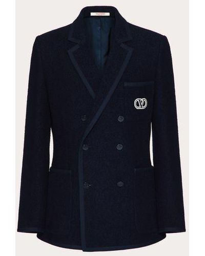 Valentino Double-breasted Bouclé Wool Jacket With Vlogo Signature Embroidery - Blue