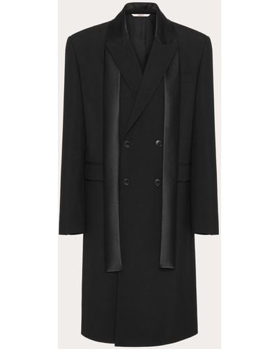 Valentino Double-breasted Wool Coat With Nylon Scarf Collar - Black