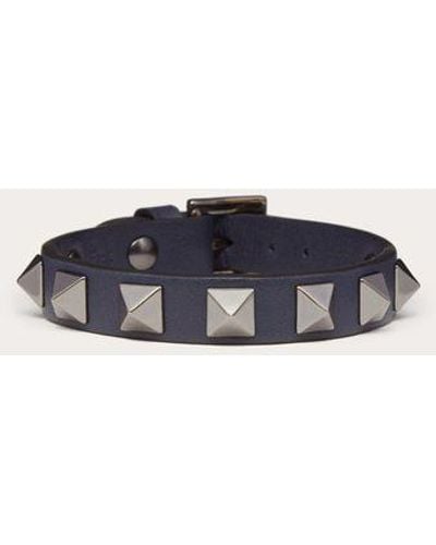Valentino Garavani Rockstud Leather Bracelet With Ruthenium Studs - Blue