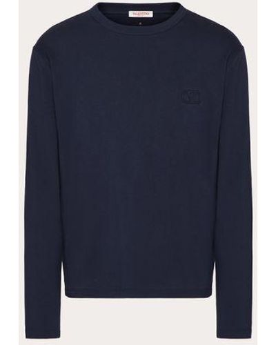Valentino Long-sleeve Cotton T-shirt With Vlogo Signature Patch - Blue