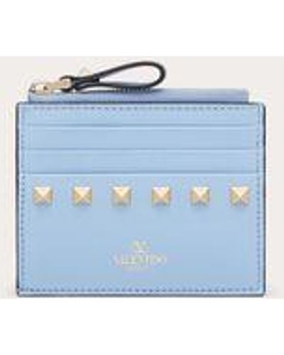 Valentino Garavani Rockstud Calfskin Cardholder With Zip - Blue