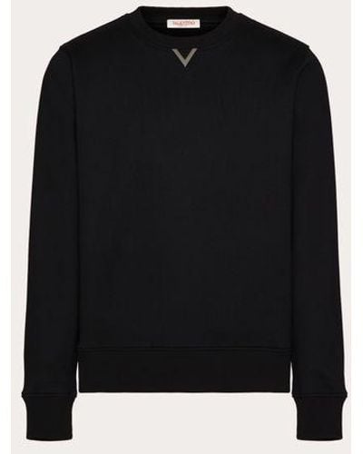 Valentino Cotton Crewneck Sweatshirt With Rubberised V Detail - Black