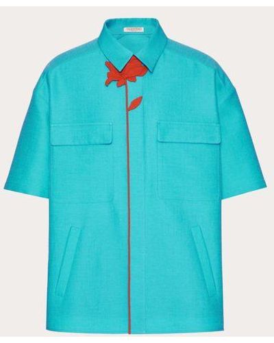 Valentino Camicia da bowling in lan e seta con ricamo fiore - Blu