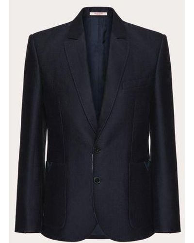 Valentino Wool And Silk Single-breasted Jacket With Rubberised V Detail - Blue
