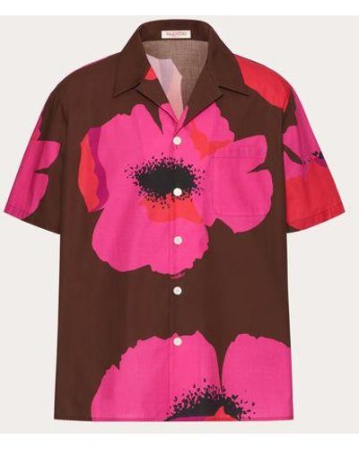 Valentino Cotton Poplin Bowling Shirt With Flower Portrait Print - Pink