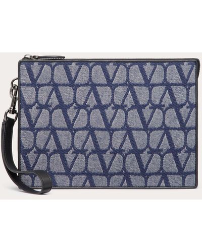 Valentino Garavani Toile Iconographe Pouch In Denim-effect Jacquard Fabric With Leather Details - Blue