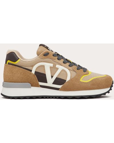 Shop Valentino Garavani Leather & Textile Logo-Embroidered Running Sneakers